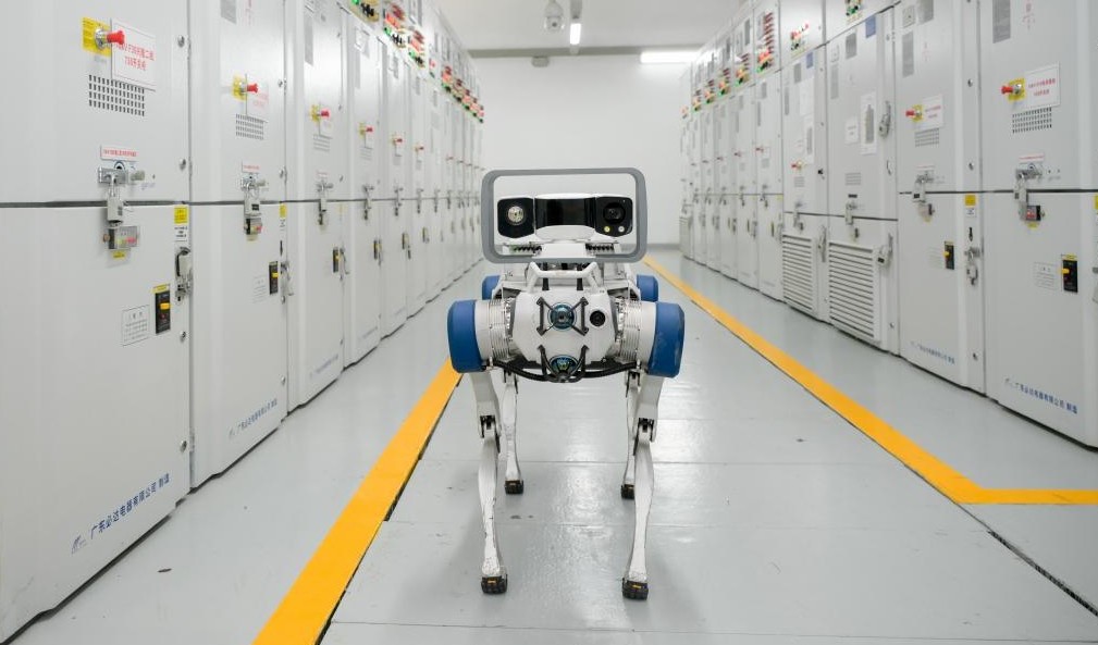 Robot patrol inside data center equipment room corridor